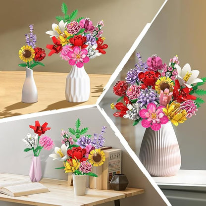 HOGOKIDS Blumen Bauset für Mädchen ab 8+ Jahren - 18 Blume Blumenstrauß Bausteine, 1464 Teilige Kunstblumen Pflanzen Bausatz
