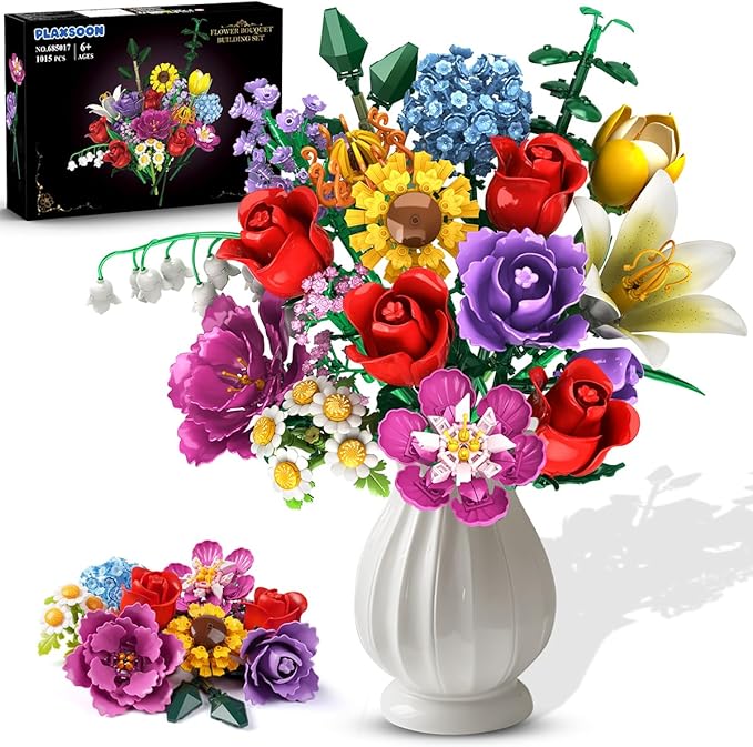 Blumenstrauß-Bauset, 18 Blumen, Rosen-Bausteine, 1065 Teile, botanische Sammlung, Baustein, Spielzeugpflanze, Heimdekoration