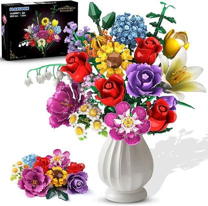 Blumenstrauß-Bauset, 18 Blumen, Rosen-Bausteine, 1065 Teile, botanische Sammlung, Baustein, Spielzeugpflanze, Heimdekoration