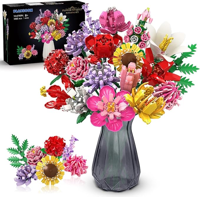 PLAXSOON Blumen Bauspielzeugset für Erwachsene, 18 Blumenstrauß Bausteine 1464 Stück, Botanik Kollektion Bauklötze Pflanzen Home Deko