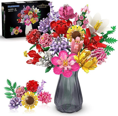 PLAXSOON Blumen Bauspielzeugset für Erwachsene, 18 Blumenstrauß Bausteine 1464 Stück, Botanik Kollektion Bauklötze Pflanzen Home Deko