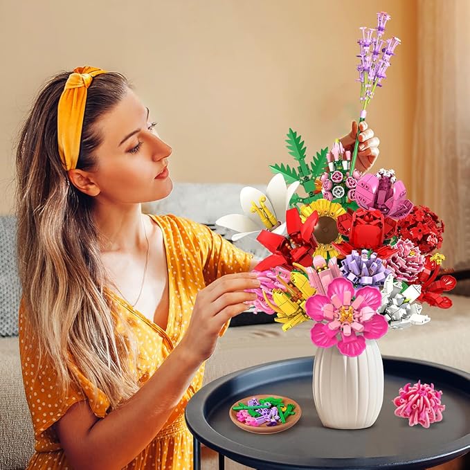 PLAXSOON Blumen Bauspielzeugset für Erwachsene, 18 Blumenstrauß Bausteine 1464 Stück, Botanik Kollektion Bauklötze Pflanzen Home Deko