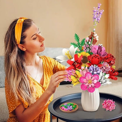 PLAXSOON Blumen Bauspielzeugset für Erwachsene, 18 Blumenstrauß Bausteine 1464 Stück, Botanik Kollektion Bauklötze Pflanzen Home Deko