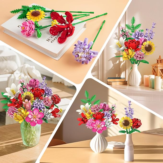 PLAXSOON Blumen Bauspielzeugset für Erwachsene, 18 Blumenstrauß Bausteine 1464 Stück, Botanik Kollektion Bauklötze Pflanzen Home Deko