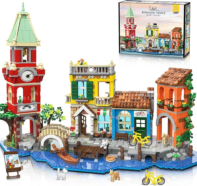 PLAXSOON Venedig Stadt Haus Baukasten mit Licht, 2155 Stück Bauspielzeug mit Blumenladen Pizzeria Wohnhaus - Architektur Klemmbausteine Modell