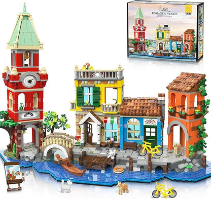 PLAXSOON Venedig Stadt Haus Baukasten mit Licht, 2155 Stück Bauspielzeug mit Blumenladen Pizzeria Wohnhaus - Architektur Klemmbausteine Modell
