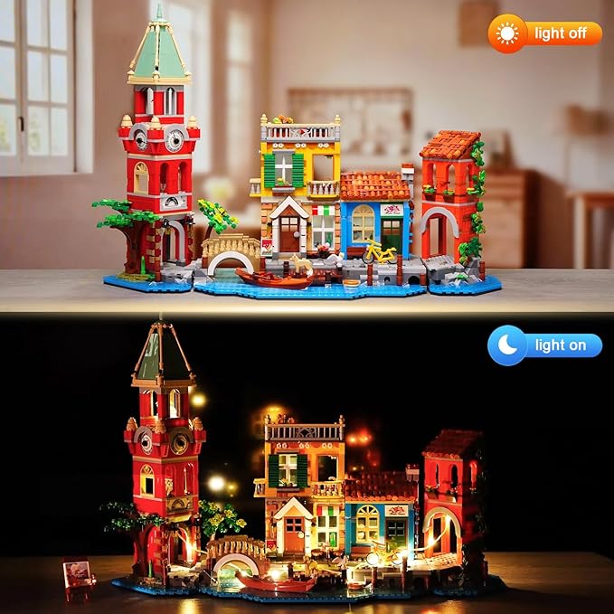 PLAXSOON Venedig Stadt Haus Baukasten mit Licht, 2155 Stück Bauspielzeug mit Blumenladen Pizzeria Wohnhaus - Architektur Klemmbausteine Modell