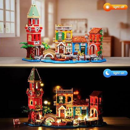 PLAXSOON Venedig Stadt Haus Baukasten mit Licht, 2155 Stück Bauspielzeug mit Blumenladen Pizzeria Wohnhaus - Architektur Klemmbausteine Modell