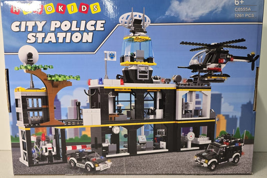HOGOKIDS City Police Station Bau Set mit Hubschrauber Polizeiautos und Motorrad, 1261 Steine.