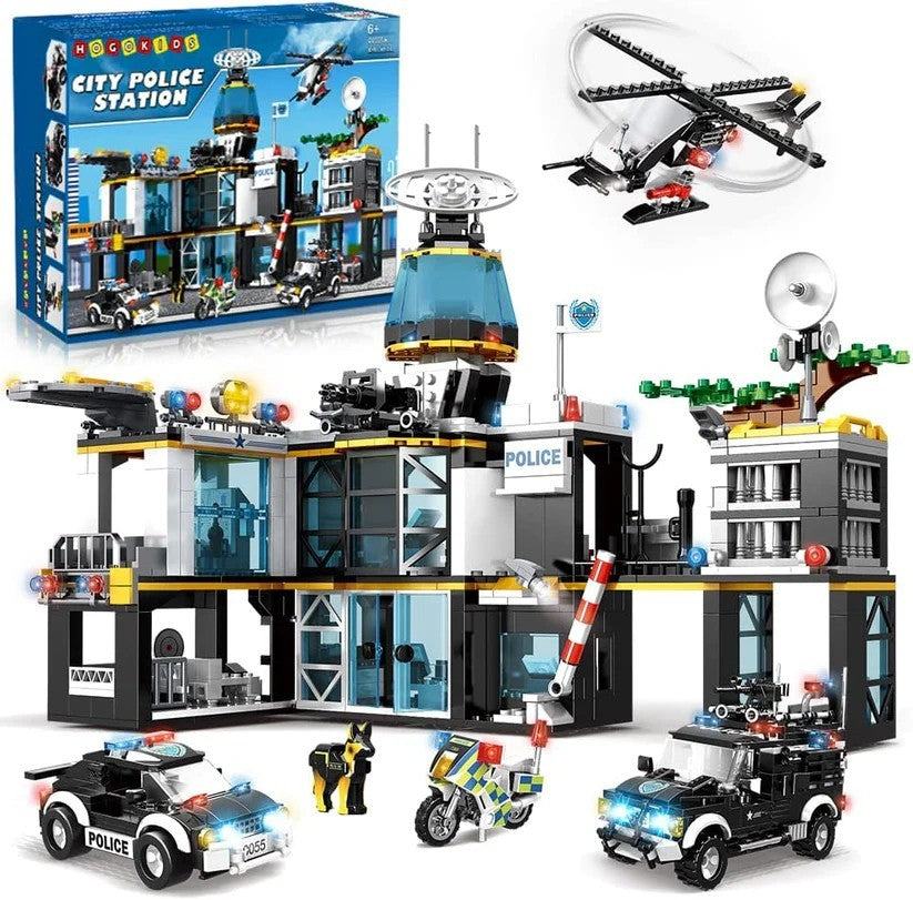 HOGOKIDS City Police Station Bau Set mit Hubschrauber Polizeiautos und Motorrad, 1261 Steine.