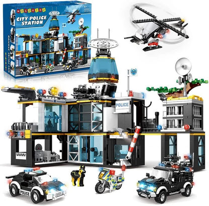 HOGOKIDS City Police Station Bau Set mit Hubschrauber Polizeiautos und Motorrad, 1261 Steine.