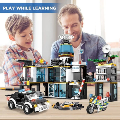 HOGOKIDS City Police Station Bau Set mit Hubschrauber Polizeiautos und Motorrad, 1261 Steine.